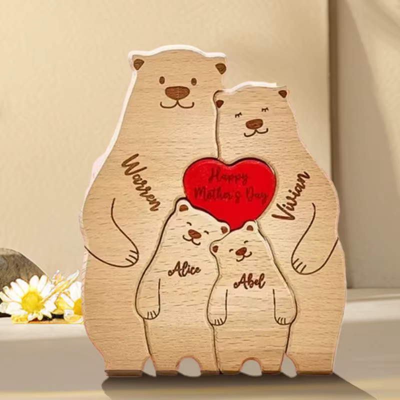 Personalized Wooden Art Bear Puzzle for Families Free Customization Name Family Anniversary Holiday Warm Gift Home Decoration — image 2