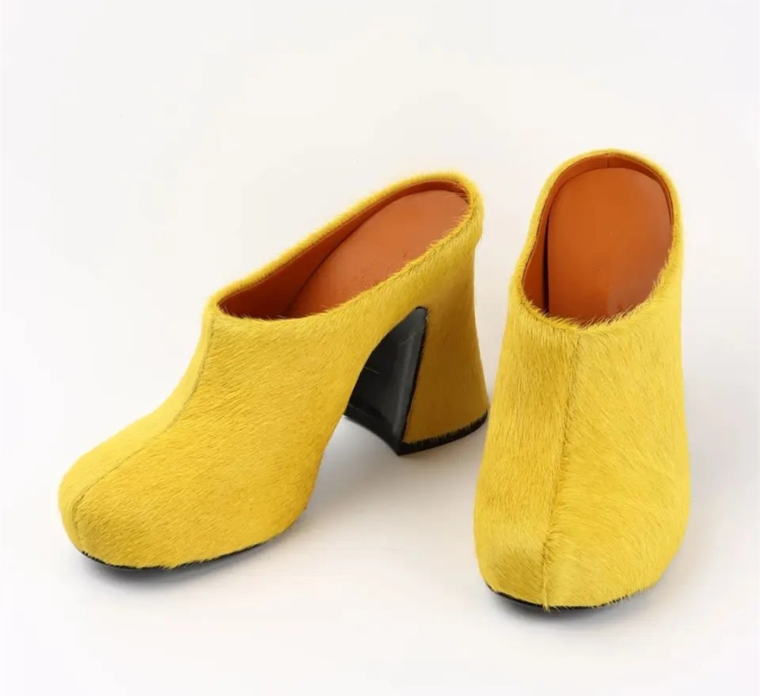 Round headed candy colored genuine leather horse hair with raised height inside casual lazy half slippers for women — image 3