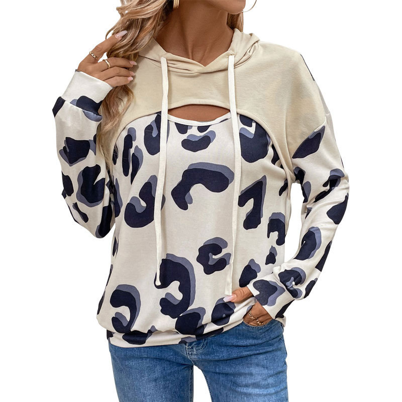 Leopard Print Spliced Hollow Out Faux Two-Piece Hooded Sweatshirt for Women — image 2
