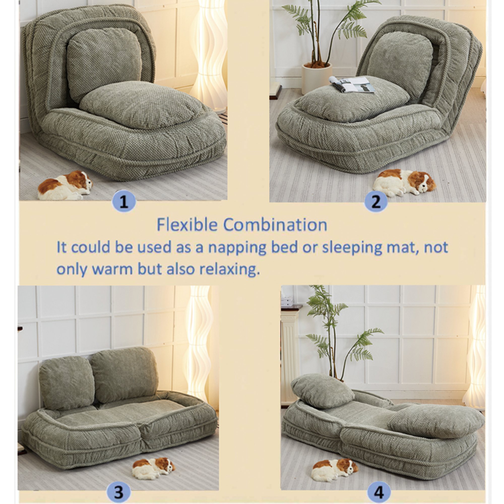 Cama para Perros Humano, Sofá Relajante 5 Posiciones Ajustables, sentarse, dormir, plegar, ideal para sala de estar, dormitorio, Diseño Ahorrador de Espacio Verde — imagen 7