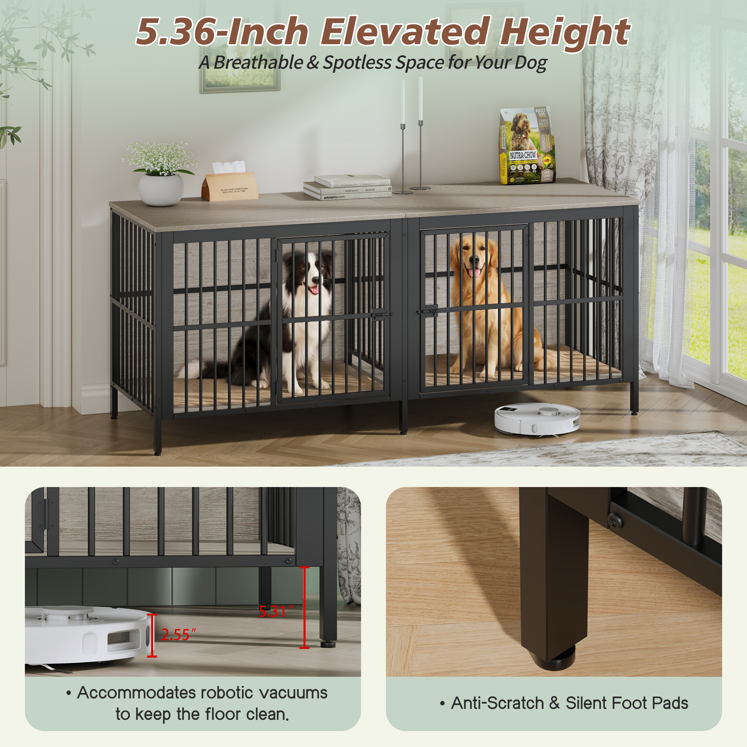 Mesa Auxiliar Jaula para Perros de 80", Kennel Resistente de 2 Puertas para Interior, Mueble Multifuncional para Perros como Mueble de TV o Mesa Auxiliar para Sala, Perros Grandes y Medianos, Gris — imagen 5