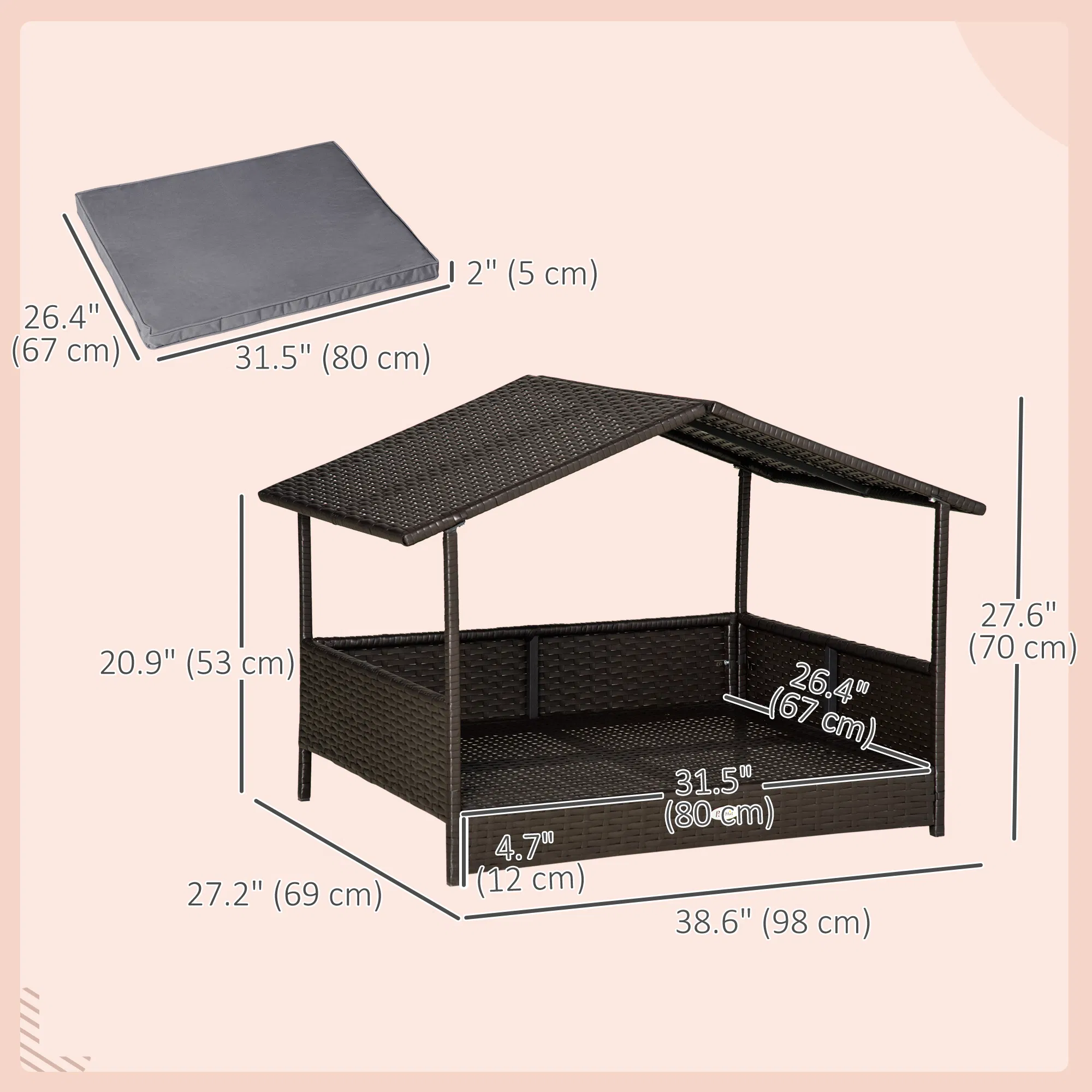 Wicker Pet House Dog Bed for Indoor/Outdoor Rattan Furniture with Cushion — image 4