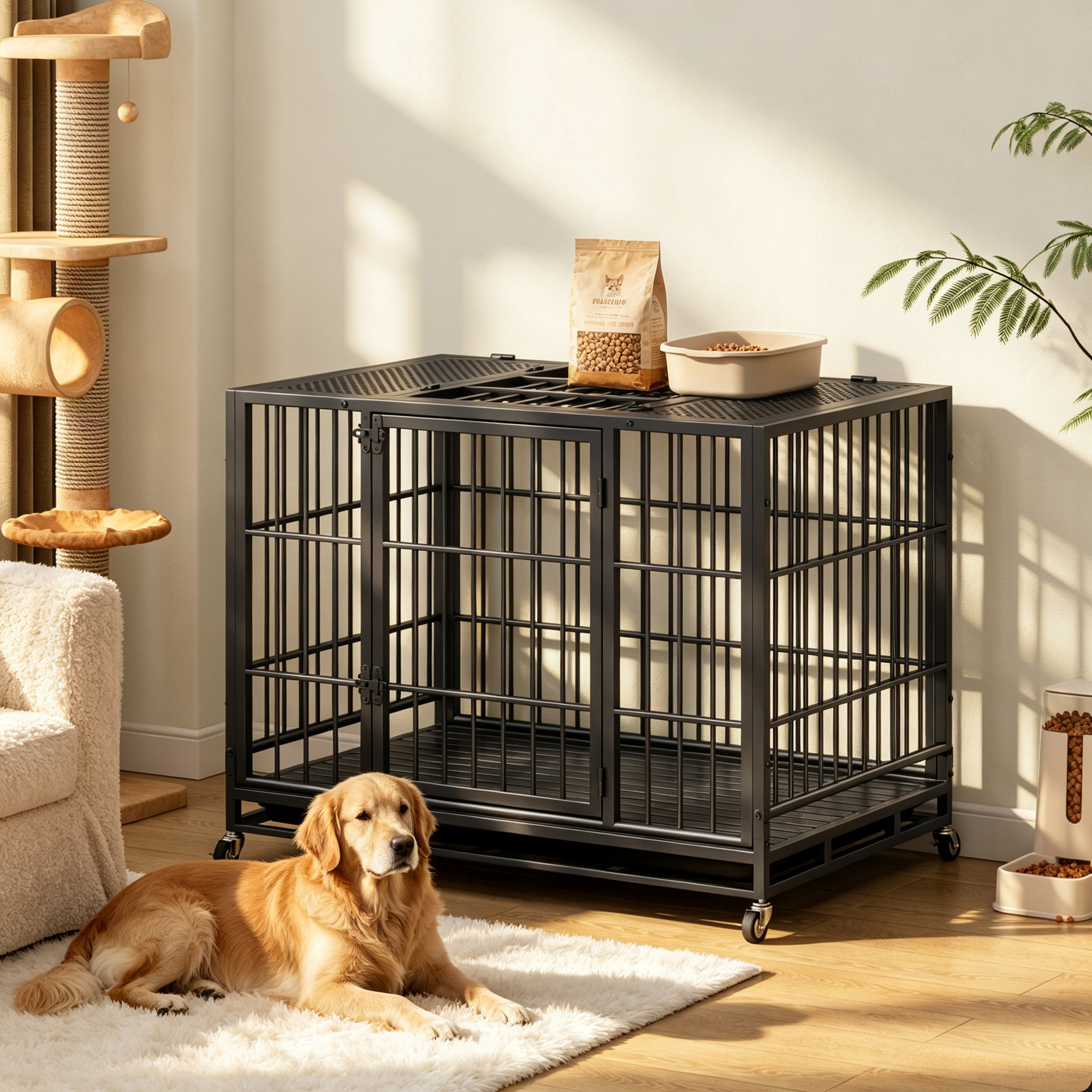 Heavy Duty Dog Crate, Mobile Pet Kennel with Lockable Wheels & Rotary Twist-Latch, Indoor Outdoor Metal Cage with Perforated Top — image 13