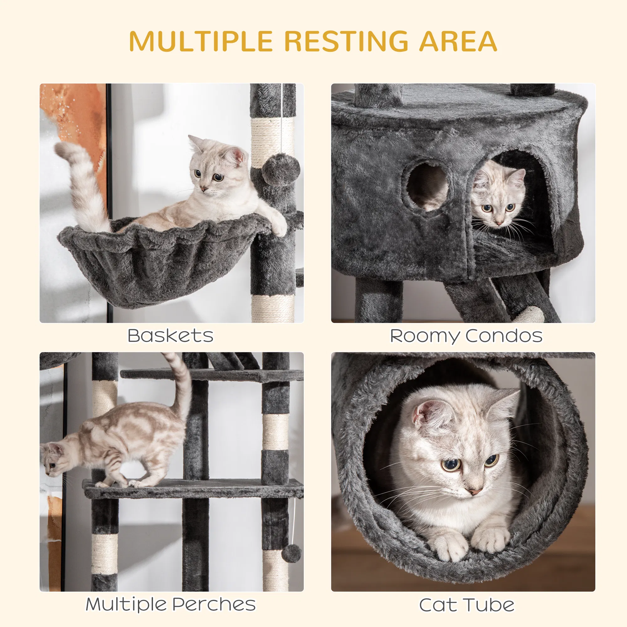 94"-102" Floor to Ceiling Cat Tree High Cat Condo Scratching Post Activity Center Multi-Level Play House Dark Grey — image 5