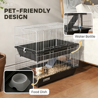 PawHut 2-Tier Small Animal Cage With 2 Doors, Trays, Dish, Bottle, And Ramp For Bunny, Ferret, Chinchilla, Black — imagen 3