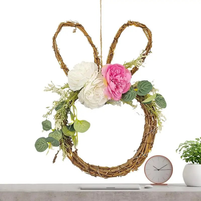 Spring Wreath Easter Bunny Wreath Light Up Door Hanger With Artificial Flower Greenery Handwoven Rattan Garland Wall Decor — image 1