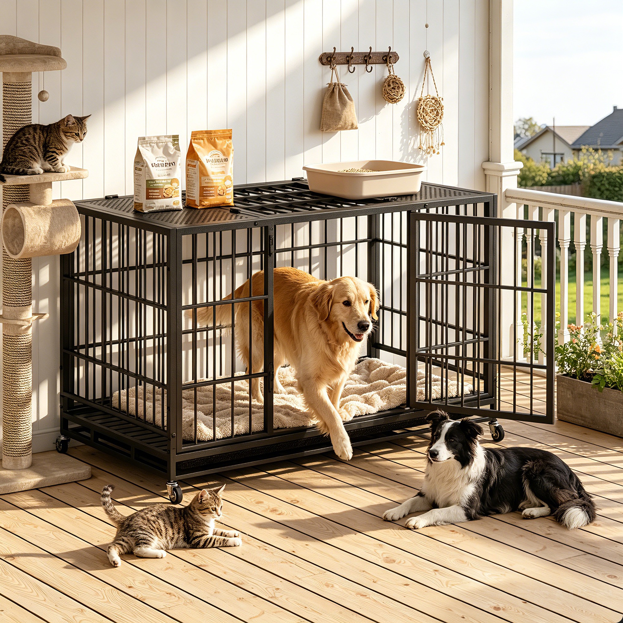 Heavy Duty Dog Crate, Mobile Pet Kennel with Lockable Wheels & Rotary Twist-Latch, Indoor Outdoor Metal Cage with Perforated Top — image 1