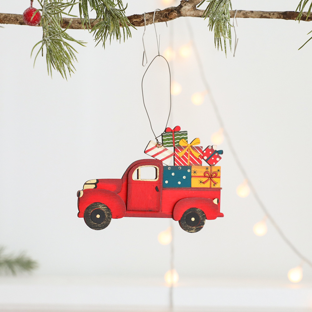 Christmas wooden pendant with painted Christmas patterns reindeer cars snowmen gifts Christmas tree decorations — image 2
