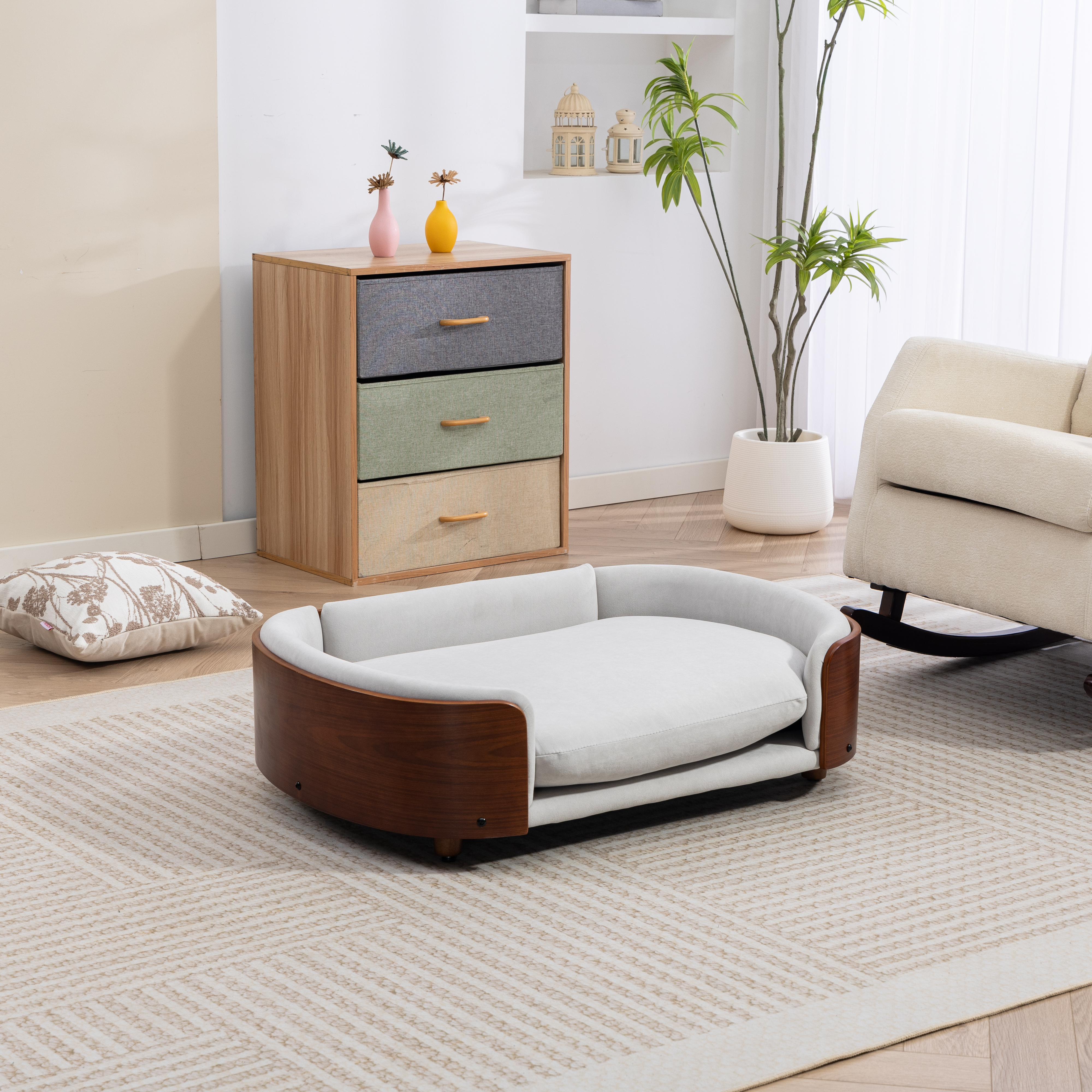 Sofá para Perros de Estilo Escandinavo con Patas de Madera Sólida y Espalda de Madera Curvada de Roble, Tela Gris Claro, Tamaño Grande — imagen 23
