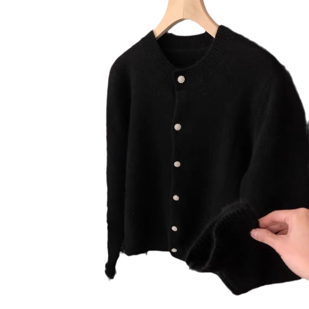 Women's Raccoon Plush Round Neck Cardigan - Purple Bud Sleeve Lightweight Knit Sweater Top — image 1