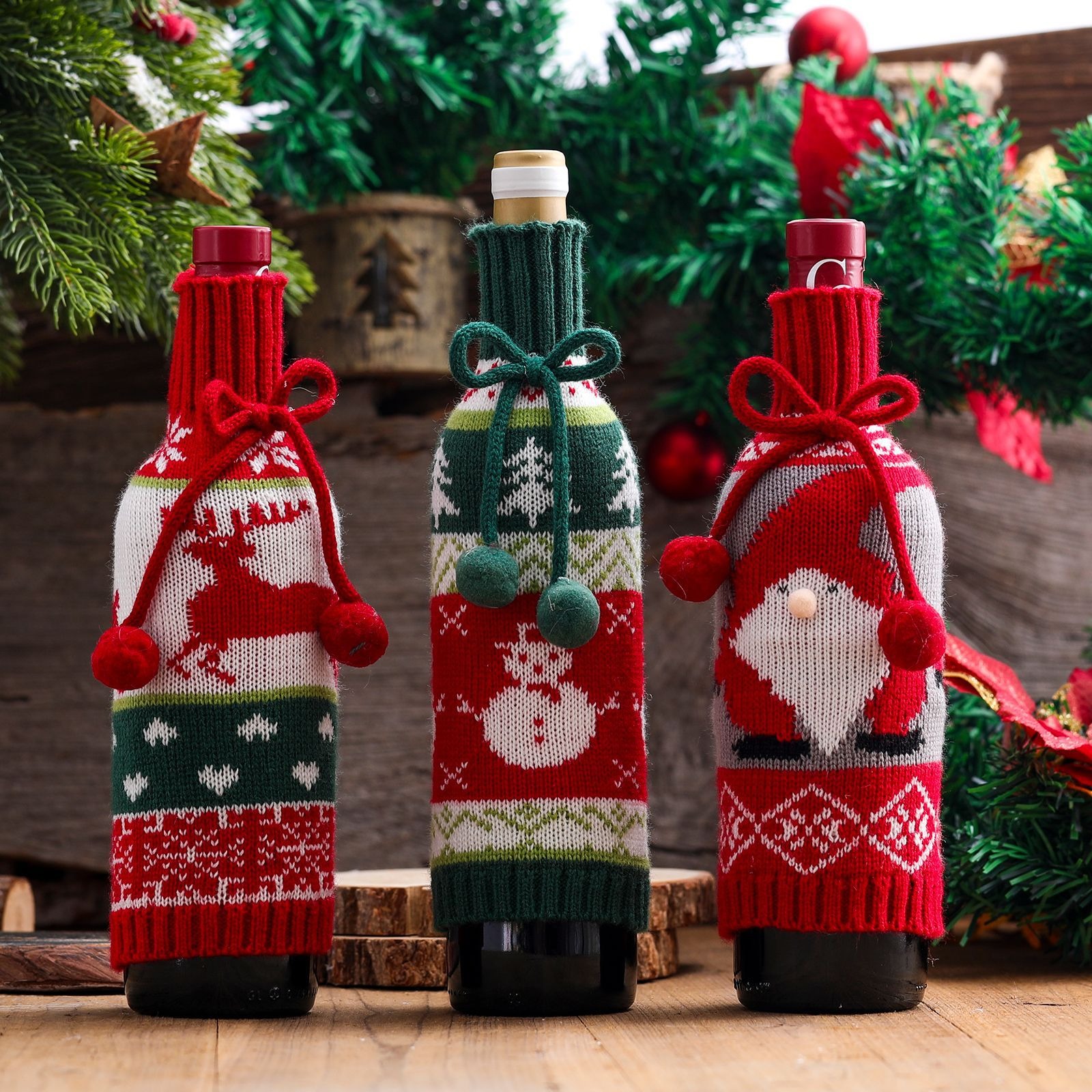 Hairball bow wine bottle set reindeer elderly man snowman knitted red wine set decorative gift ornament — image 5