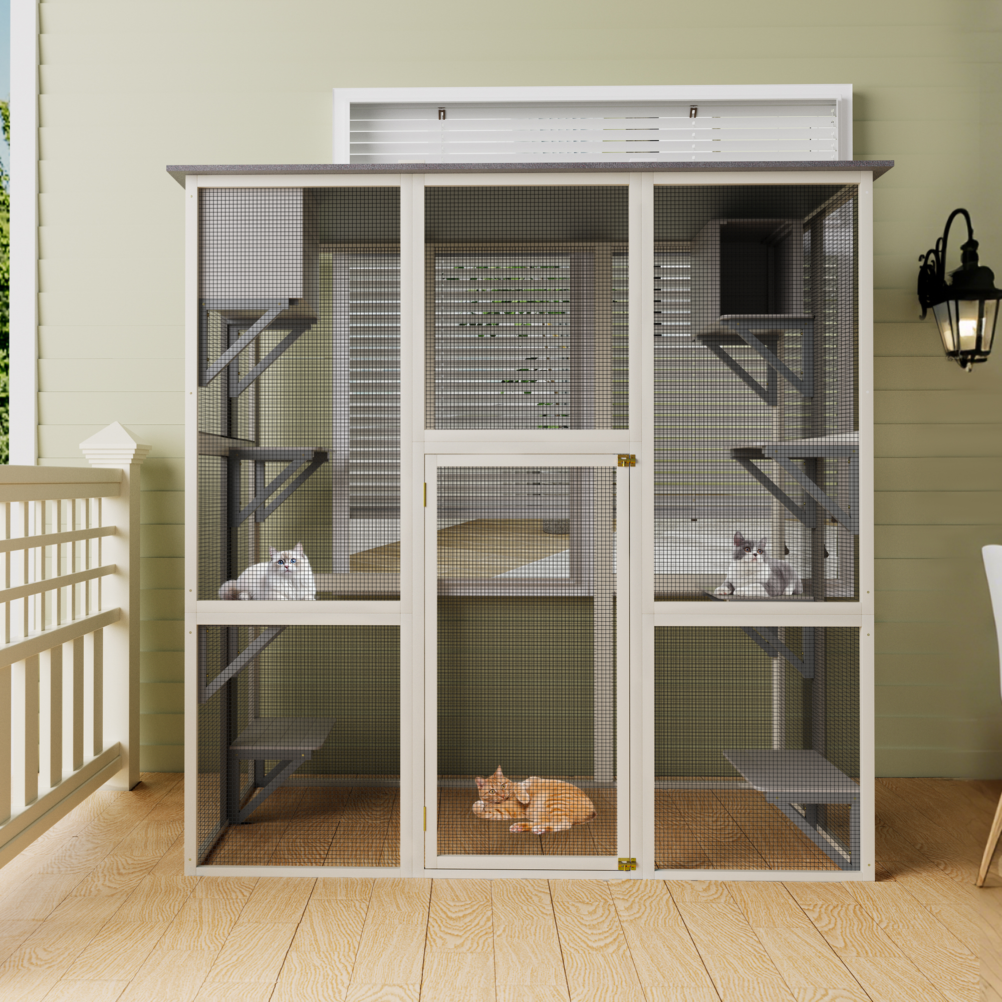 Catio de Exterior en Madera Gris con Techo Asfáltico Resistentes a Clima, Casa para Gatos Grande con 6 Plataformas y 2 Cajas de Descanso, Jaula de Madera Solida para Patio — imagen 4