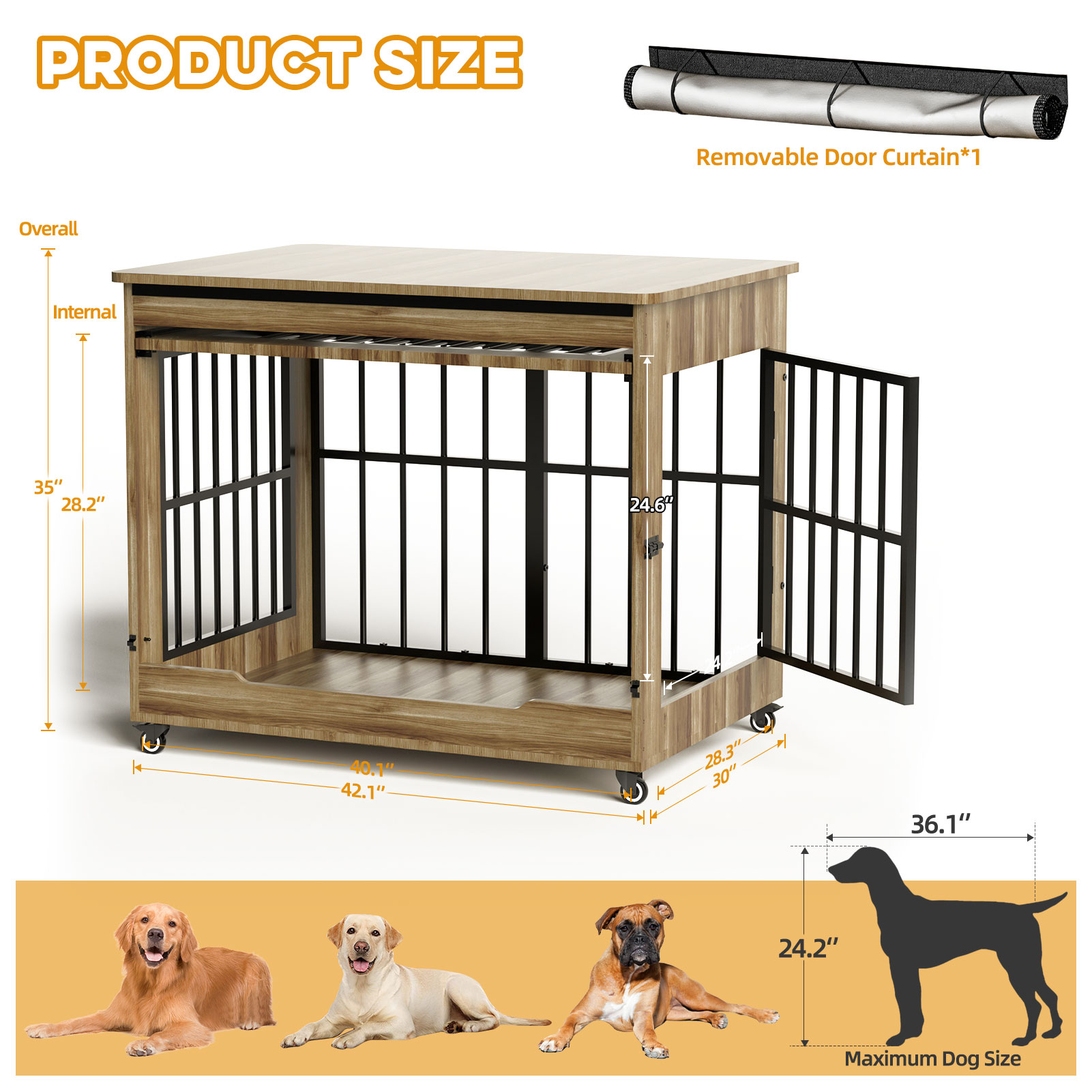 Large Dog Crate Furniture, Double Door Wooden Indoor Dog Kennel Furniture, Decorative Pet Cage End Table With Wheels For Large Breed Dogs, Size XL, Greige — image 16