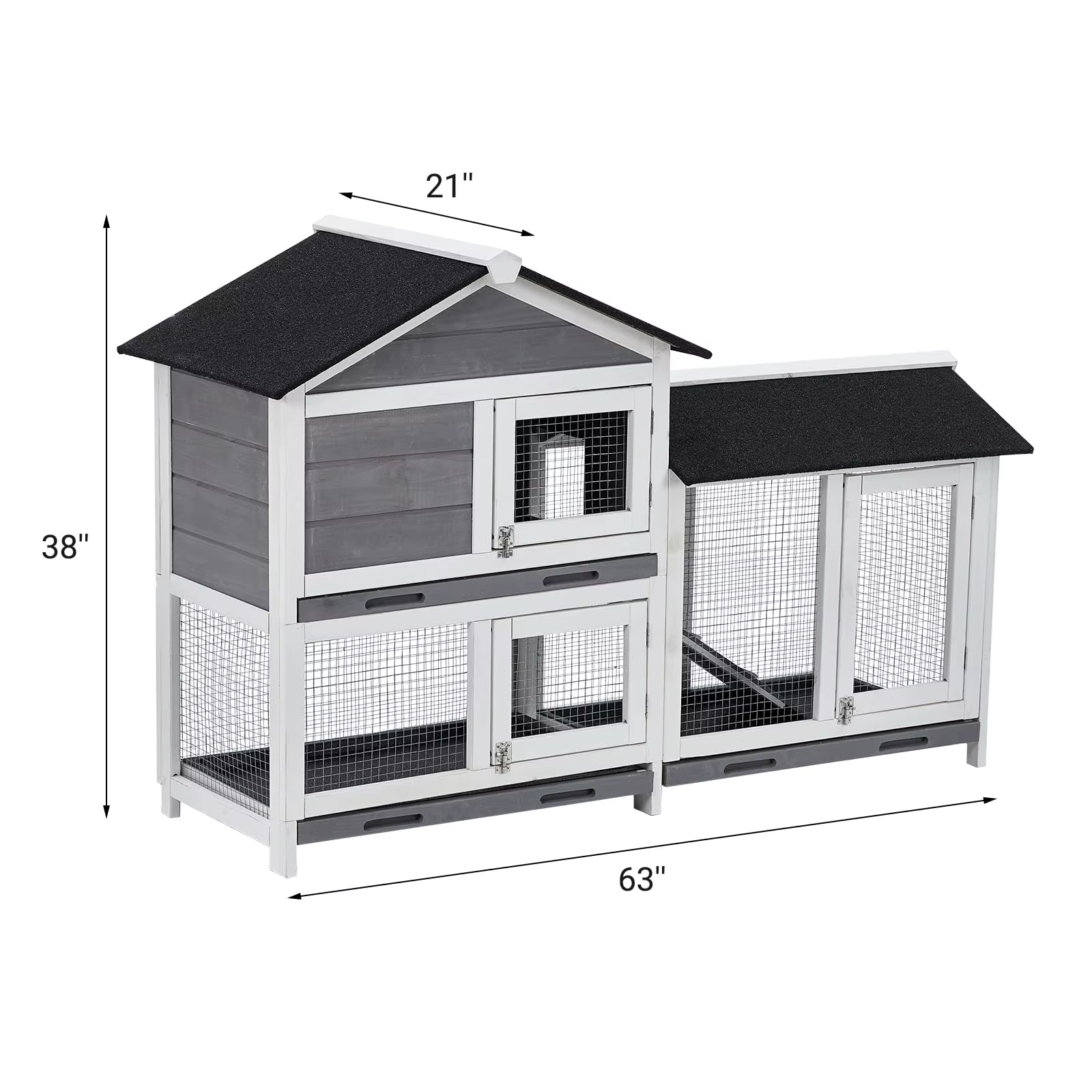 Conejera Interior de 58", Jaula para Conejos con 3 Bandejas Antifugas Removibles, Techo de Madera Impermeable, Conejera Interior/Exterior, Casa para Conejos de 2 Niveles/Gallinero, Gris y Negro — imagen 8