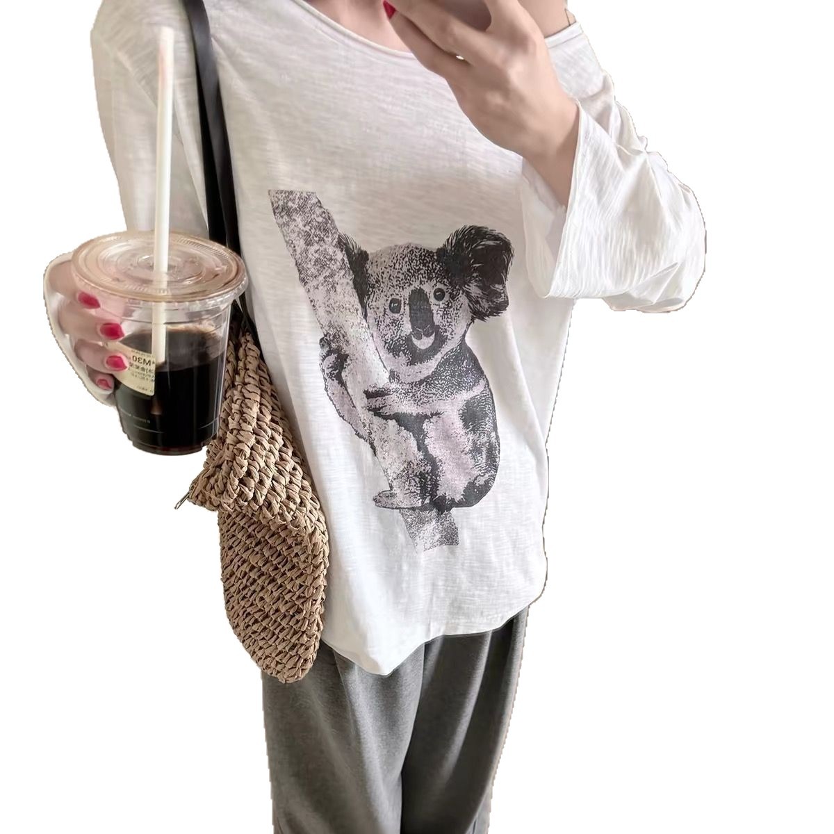 Laid-back Style Koala Print Shoulder Long Sleeve T-Shirt for Women — image 1