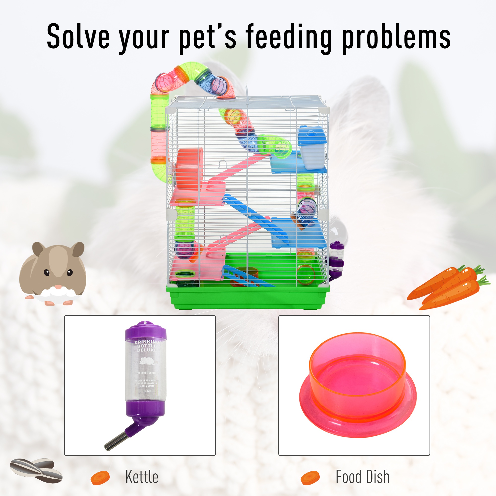 Jaula para Hámster de 5 Niveles, Transportadora Portátil para Mascotas con Rueda de Ejercicio y Tubo — imagen 4