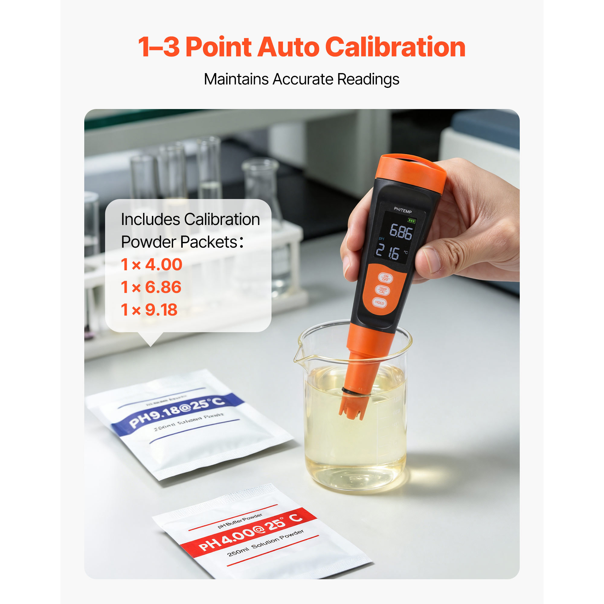 Medidor de pH, Rango 0-14 pH, Probeta IP68 Impermeable, Kit de Prueba de Bolsillo con Paquetes de Polvo de Calibración, Pantalla VA, Para Análisis de Calidad del Agua para Bebida, Hidroponía y Acuario — imagen 4