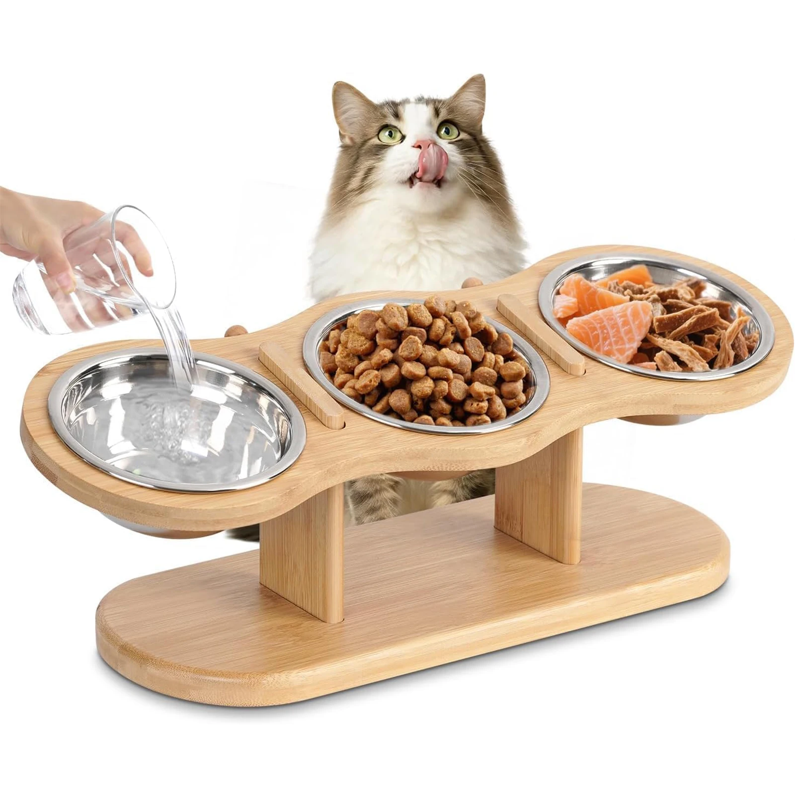 Elevated Cat Bowls Raised Wood Stand Feeder with 3 Stainless Steel Bowls Feeding & Watering Supplies for Puppy Cats Accessories — image 1