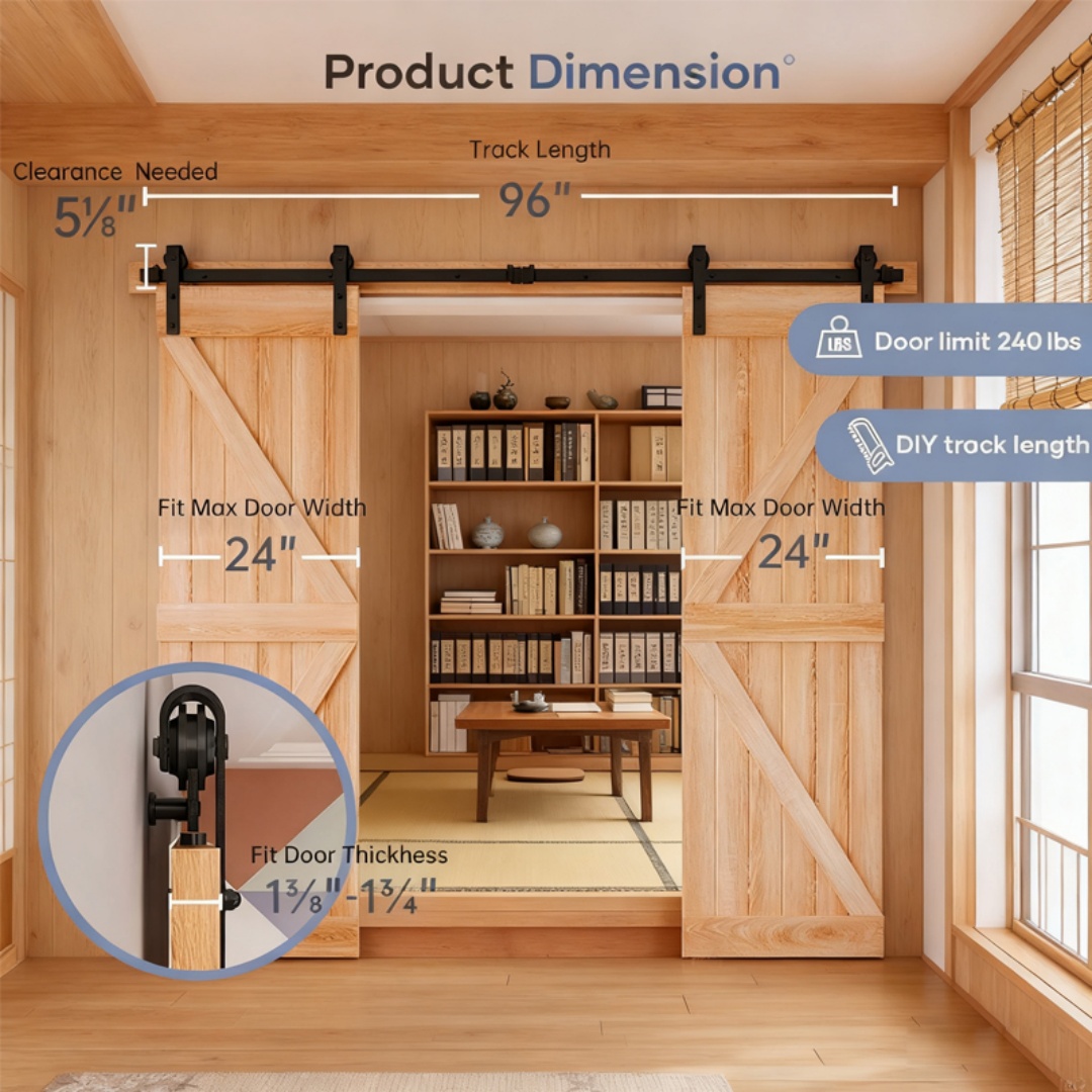 Kit de Hardware para Puertas Corredoras de Estilo Granja doble con Polea J Básica, Desliza Silenciosamente y Suavemente, Instalación Fácil 8 pies de Vía para Paredes de 20-24 pulgadas de Ancho — imagen 2