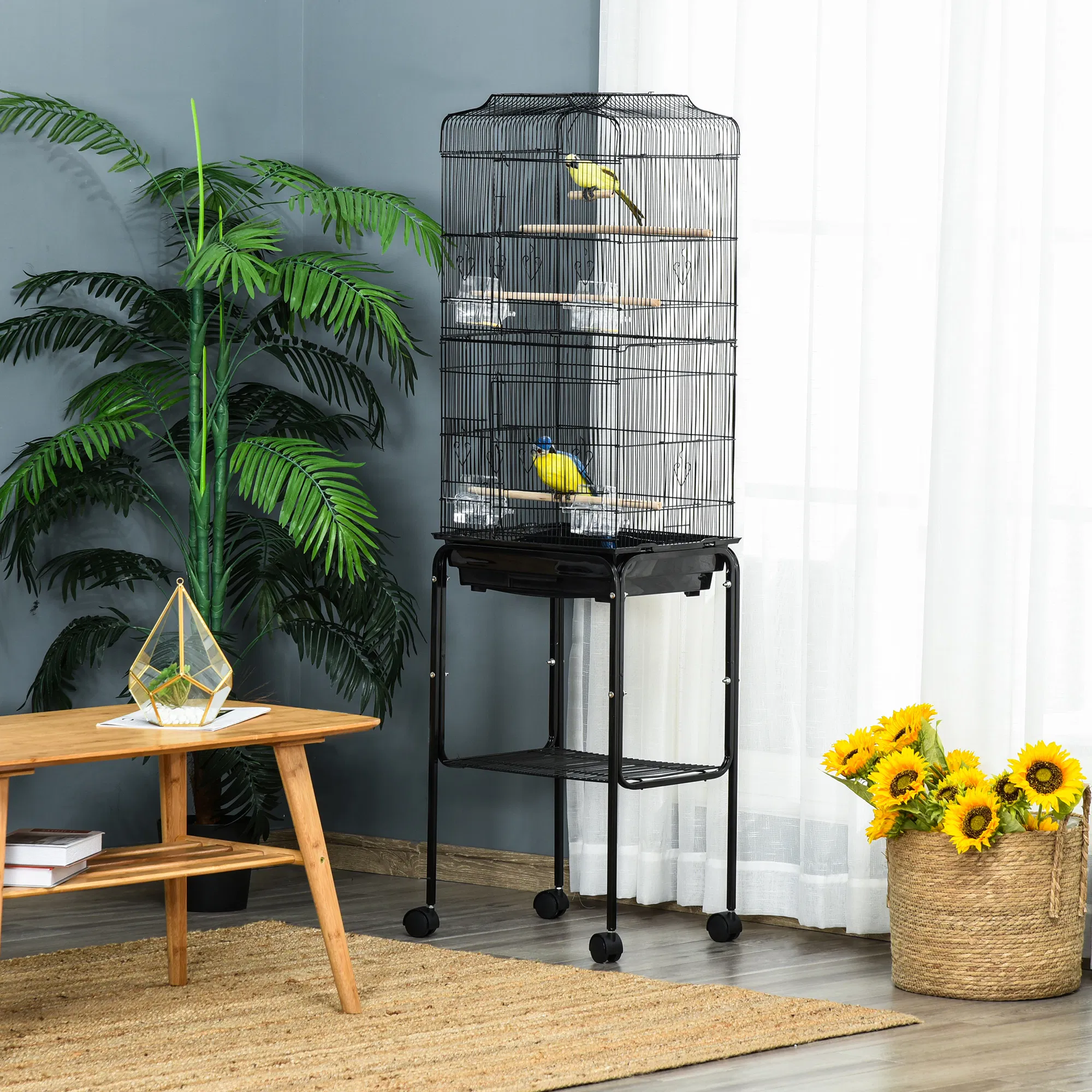 62" Rolling Bird Cage Cockatoo House Play Top Finch Pet Supply with Storage Shelf, Wheels - Black — image 5