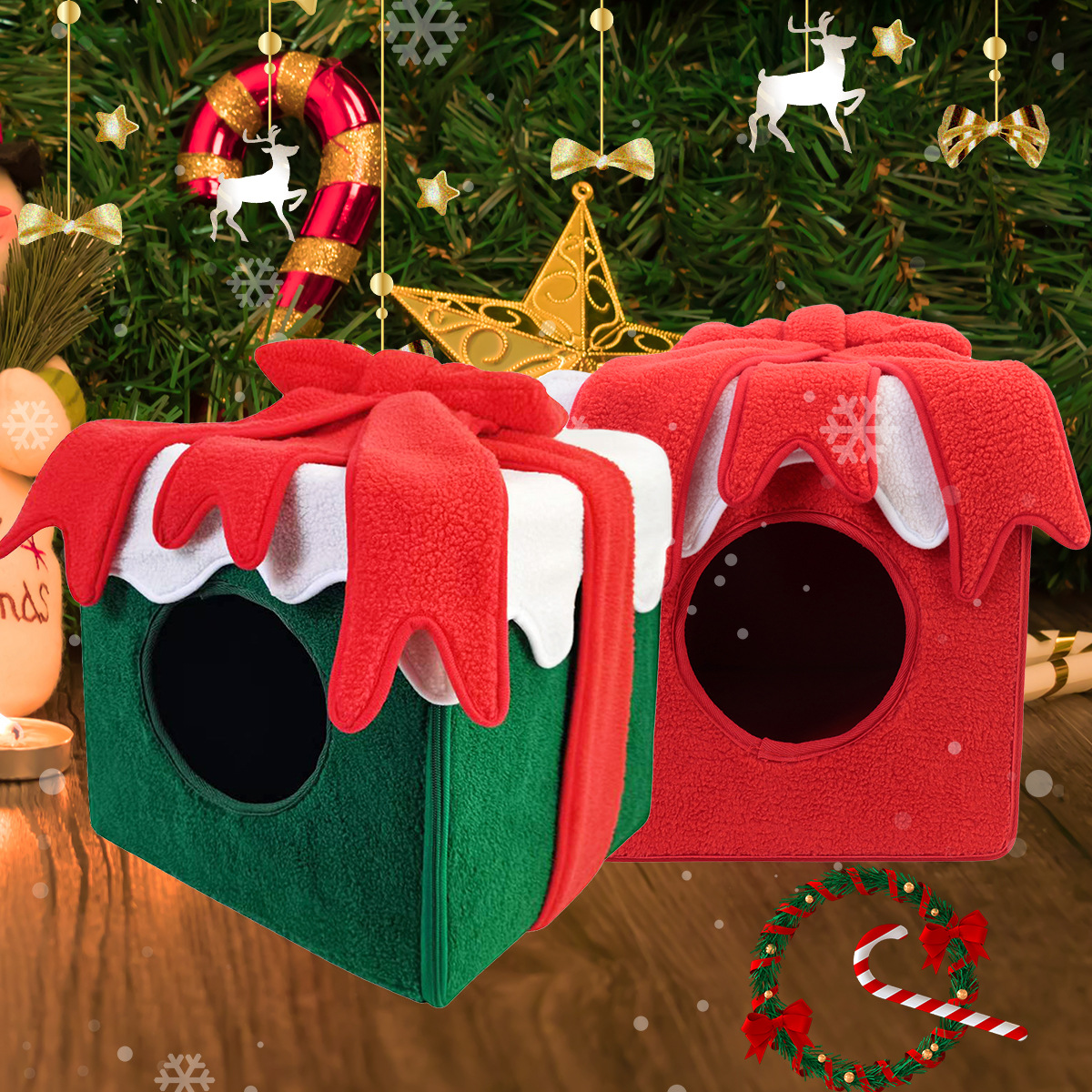 Caja Regalo de Navidad Desmontable para Limpieza de Gatos con Manta Plush Grande Espacio para Dormir — imagen 2