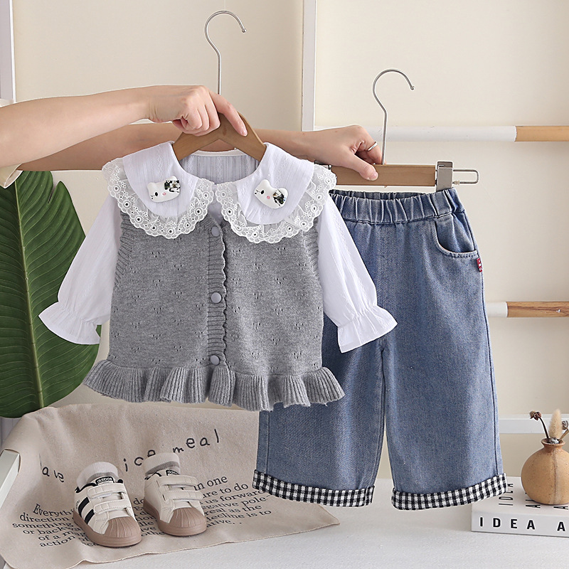 Stylish Cartoon Cat Collar Girls 3-Piece Autumn Spring Outfit — image 4