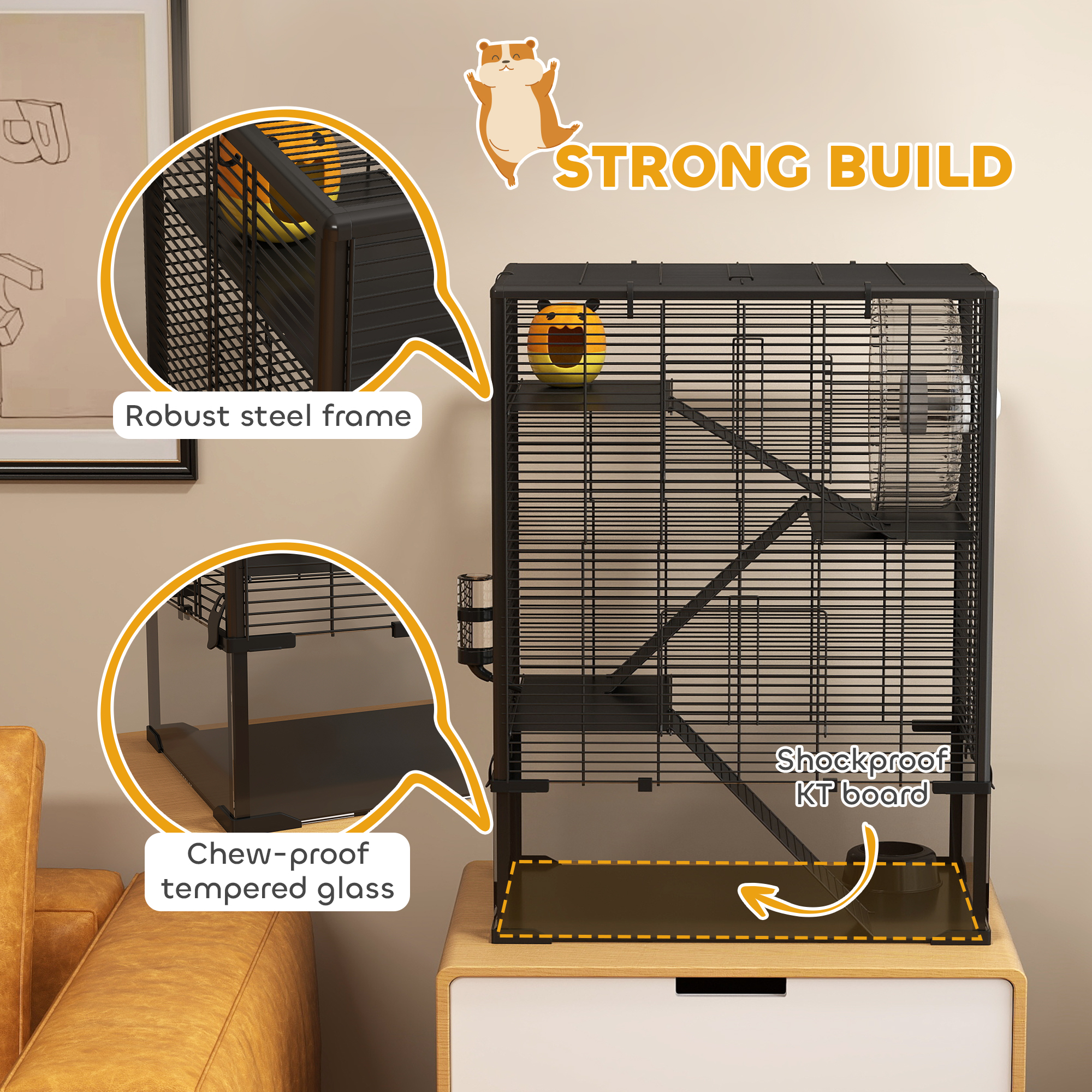 4 Tier Hamster Cage with Deep Tempered Glass Bottom, Running Wheel, Hut, Water Bottle, Food Dish, 24" x 16" x 31.5" — image 6