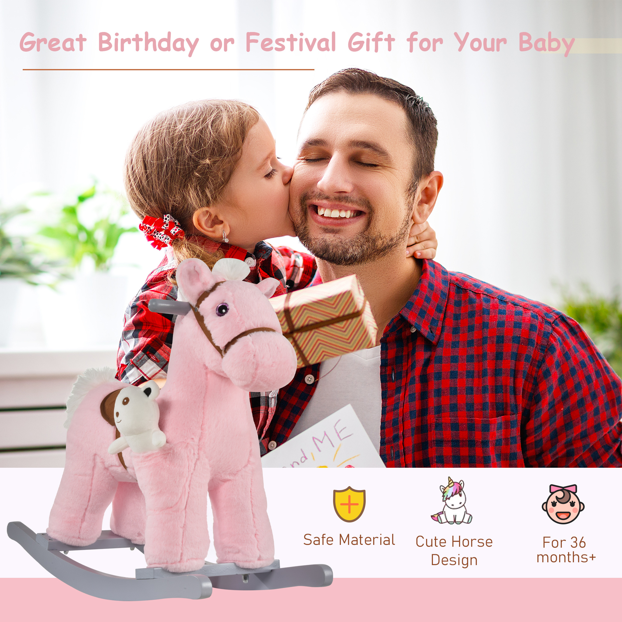 Caballo de Madera con Sonidos y Oso Plush para Niños, Juguetes de Equilibrio con Movimiento Realista para Bebés de 18-36 Meses, Rosa — imagen 8