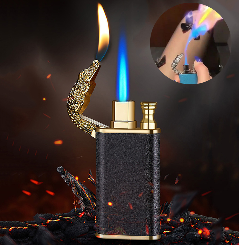 Creative Blue Flame Lighter Dolphin Dragon Tiger Double Fire Metal Winproof Lighter Inflatable Lighter — image 1