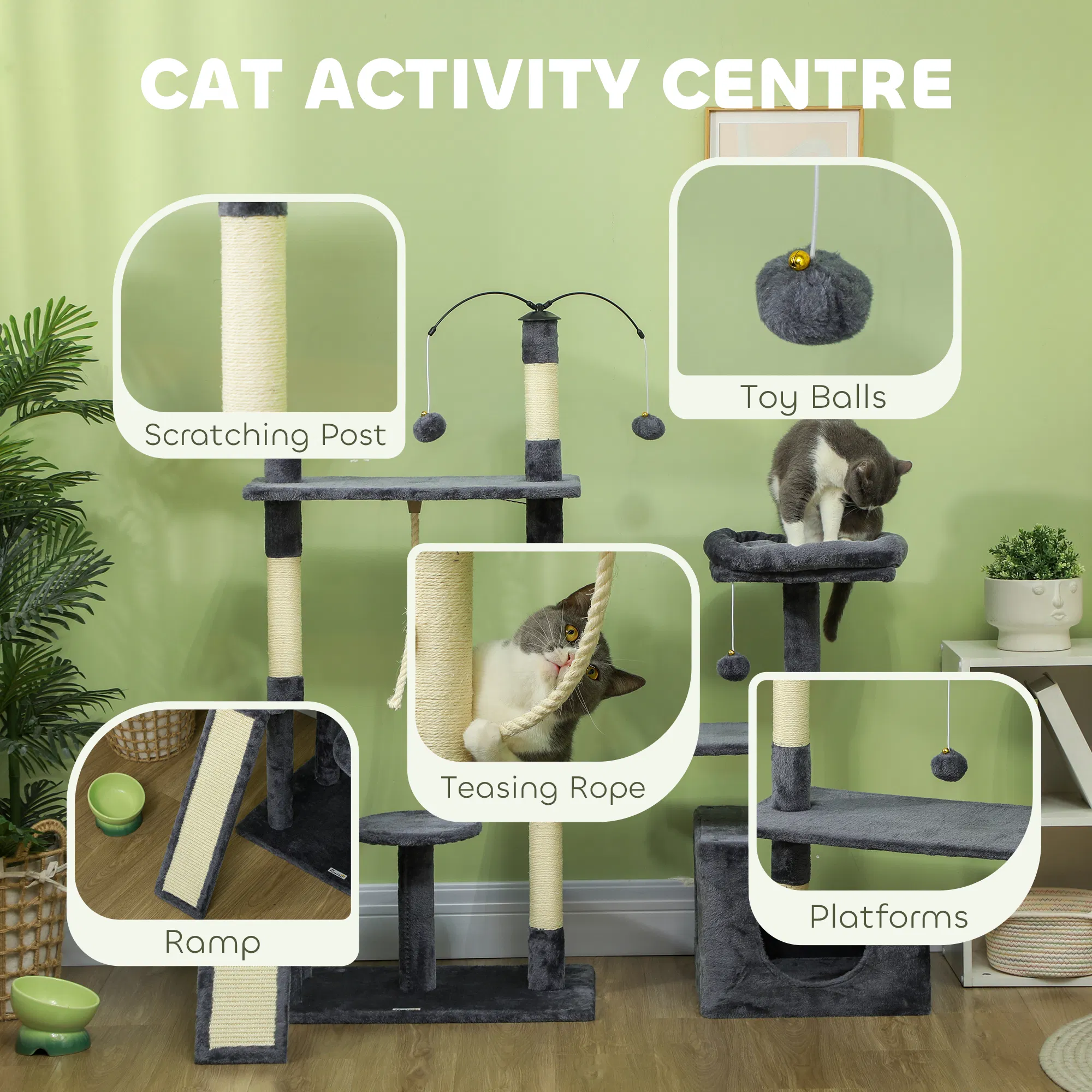 53" Cat Tree, Cat Tower with Scratching Posts, Cat Condo, Beds, Platforms, Toy Balls for Indoor Cats, Dark Grey — image 3
