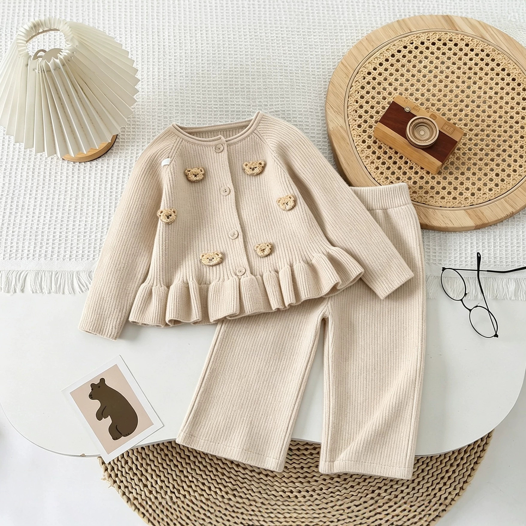 Sweet Bear Print Long Sleeve Sweater Cardigan and Casual Pants Set for Girls — image 5