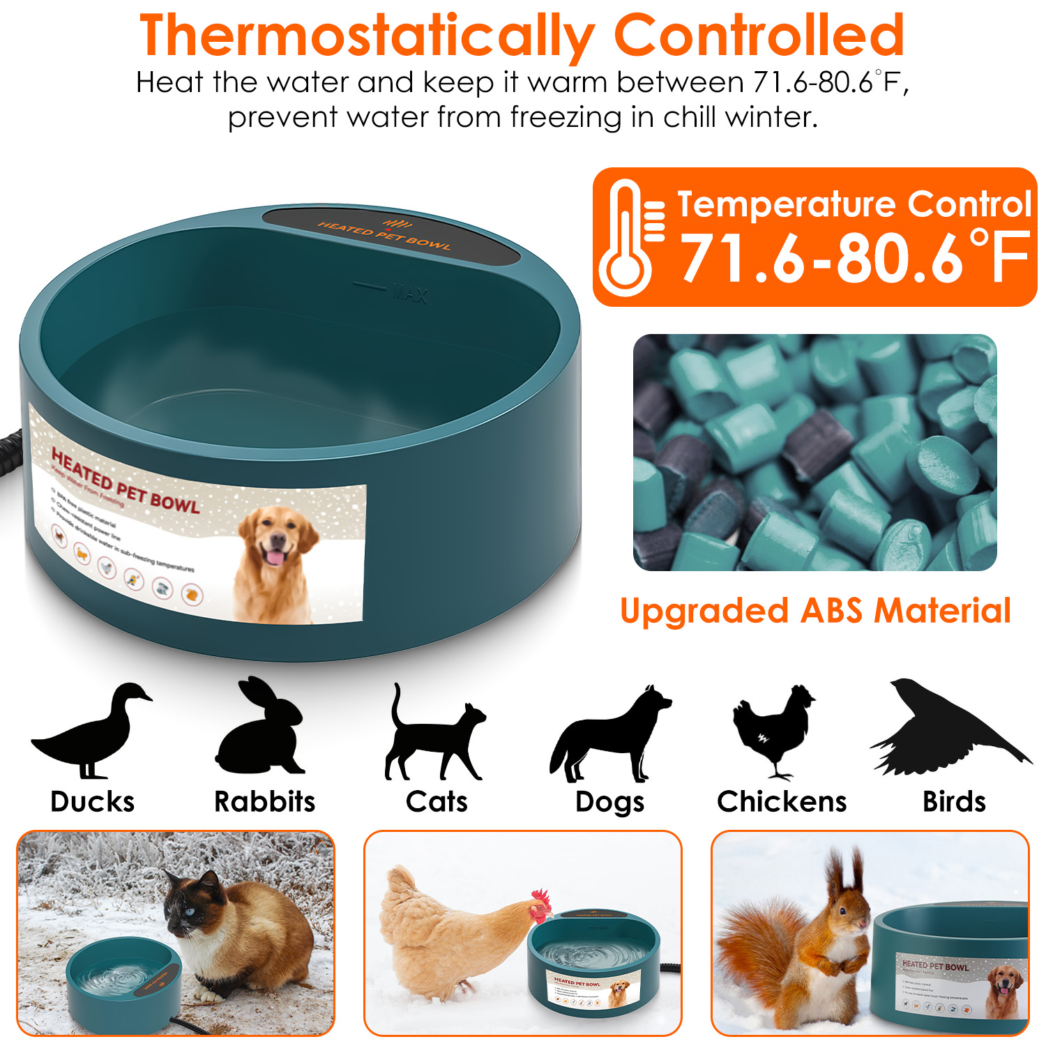 Bebedero Calefactado para Perro y Gato 74.4OZ Plato de Agua Térmico con Calefacción IP67 Impermeable Bebedero Térmico para Mascotas Perro Gato Comedero de Agua para Perro Gato Conejo Mascota — imagen 11