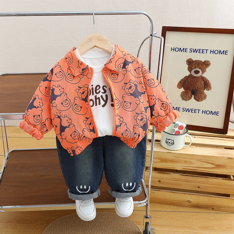 Unisex Toddler All-Over Bear Print Zip-Up Jacket and Pants 3-Piece Set 0-4 Years Spring Autumn Kids Clothing — image 7