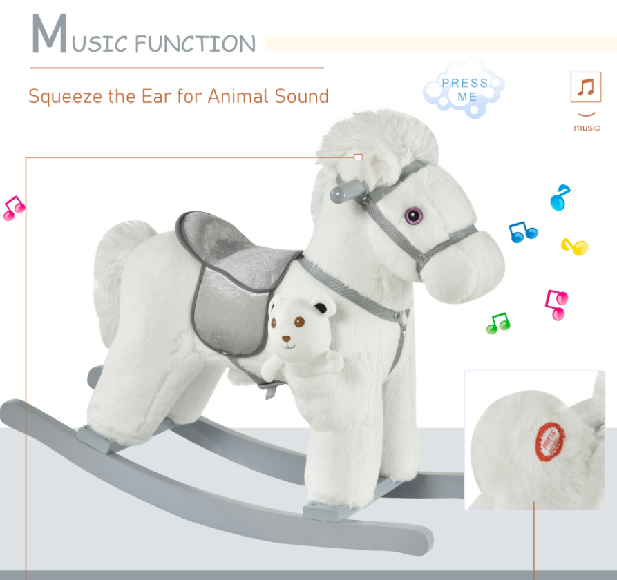 White Plush Rocking Horse With Bear Toy For Kids, Soft Sound Rocker, Ideal For Nursery Playtime — image 3