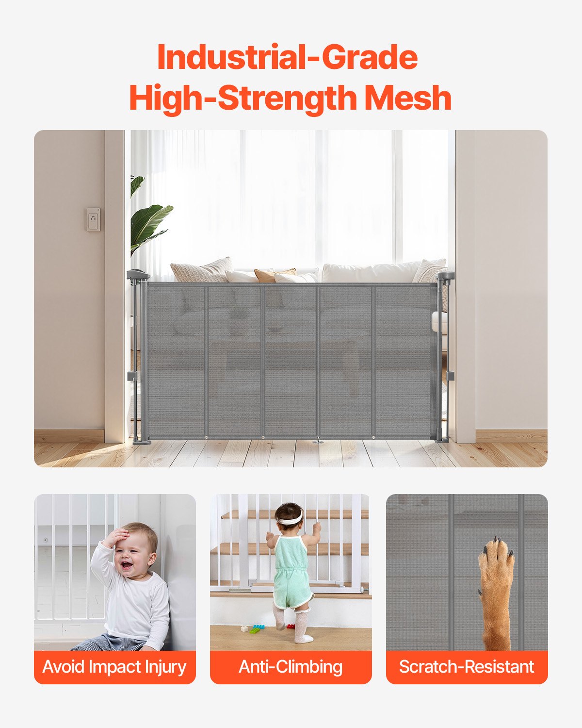 Puerta Retráctil para Niños o Mascotas, 34 Pulgadas de Alto, Se Extiende Hasta 55 Pulgadas de Ancho, Puerta Retráctil Fácil de Instalar para Escaleras, Pasillos, Habitaciones de Juego, Color Gris — imagen 4