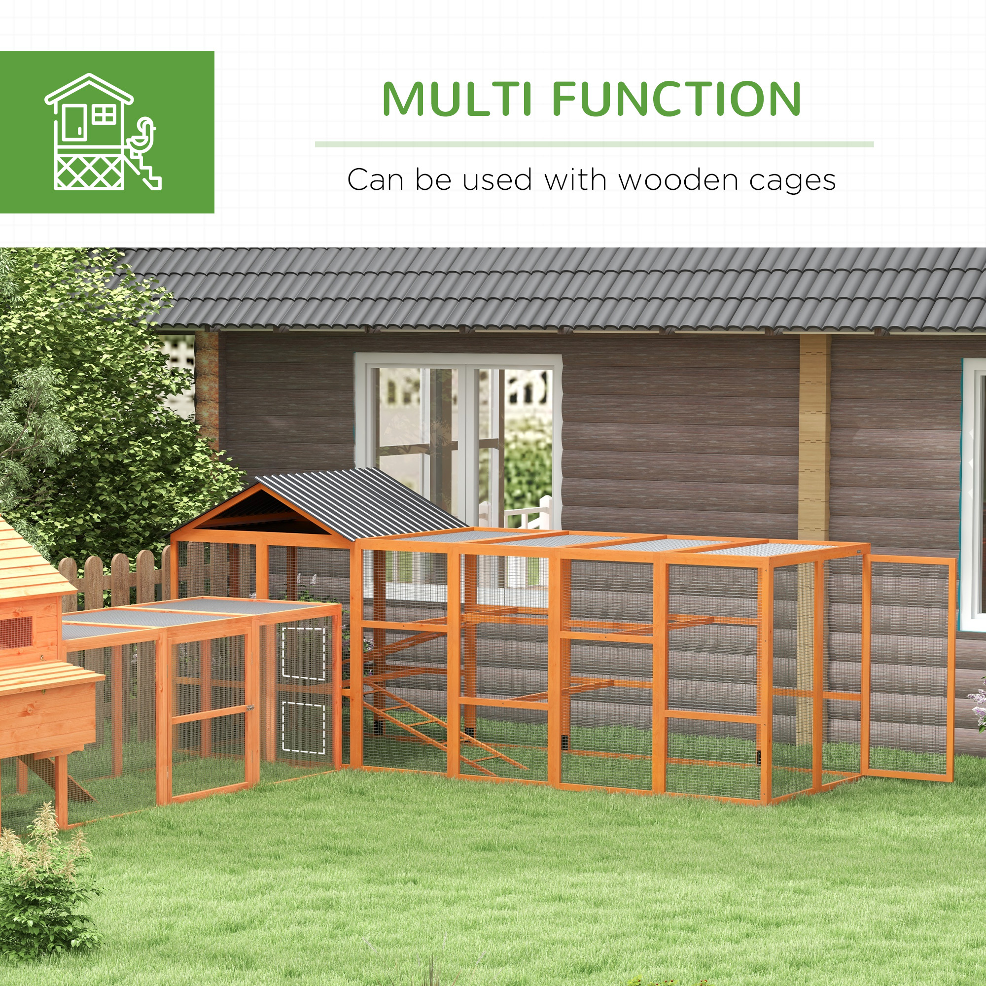 Casa de Pollos en Madera para 6-10 Gallinas - Corral Adicional con Almacenamiento, Perchas, 141.75" x 48" x 61", Naranja — imagen 7