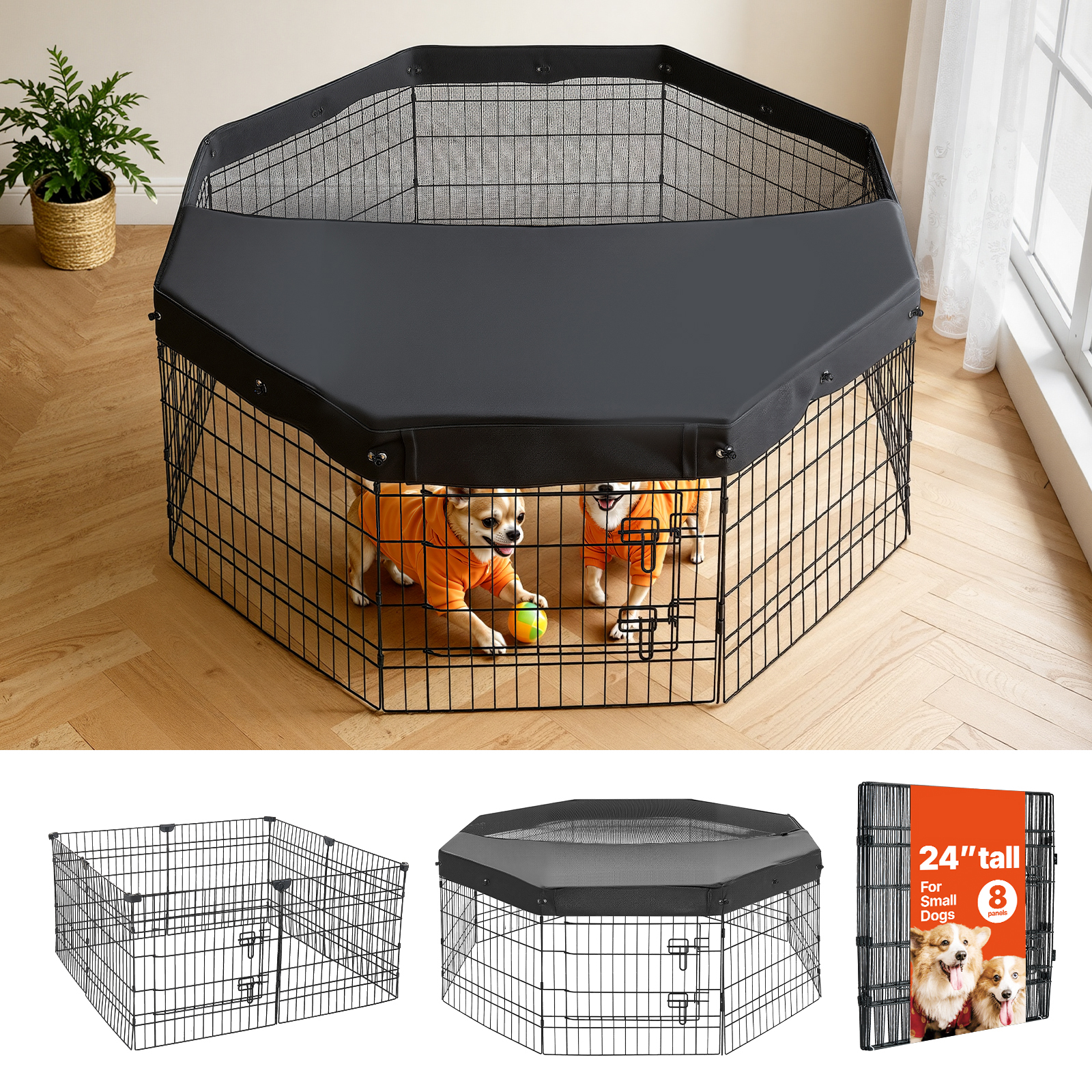 Dog Playpen 24 Inch 8 Panels Foldable Exercise Pen With Top Cover, Indoor Metal Pet Fence With Door, Heavy Duty Puppy Crate Kennel, Pet Playpen For Dogs, Cats, And Other Small Animals, Black — image 1
