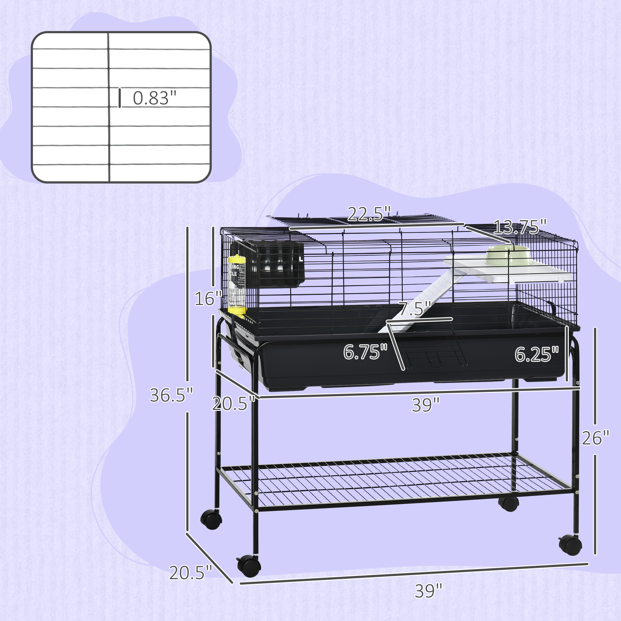 Caja de Animales Pequeños de Dos Niveles, Removible del Soporte, Acogida para Conejos, Pájaros Exóticos, Hamsters, Ratas, 39" x 20.5" x 36.5", Negro — imagen 6