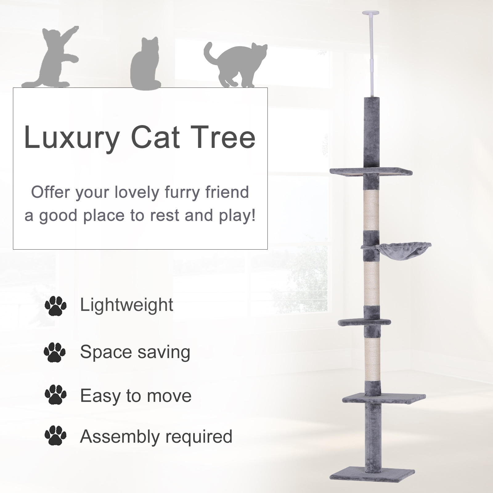 Árbol de Gato de 102" con Altura Ajustable, 5 Niveles con Postes para Rasgar y Hamaca, Gris — imagen 2