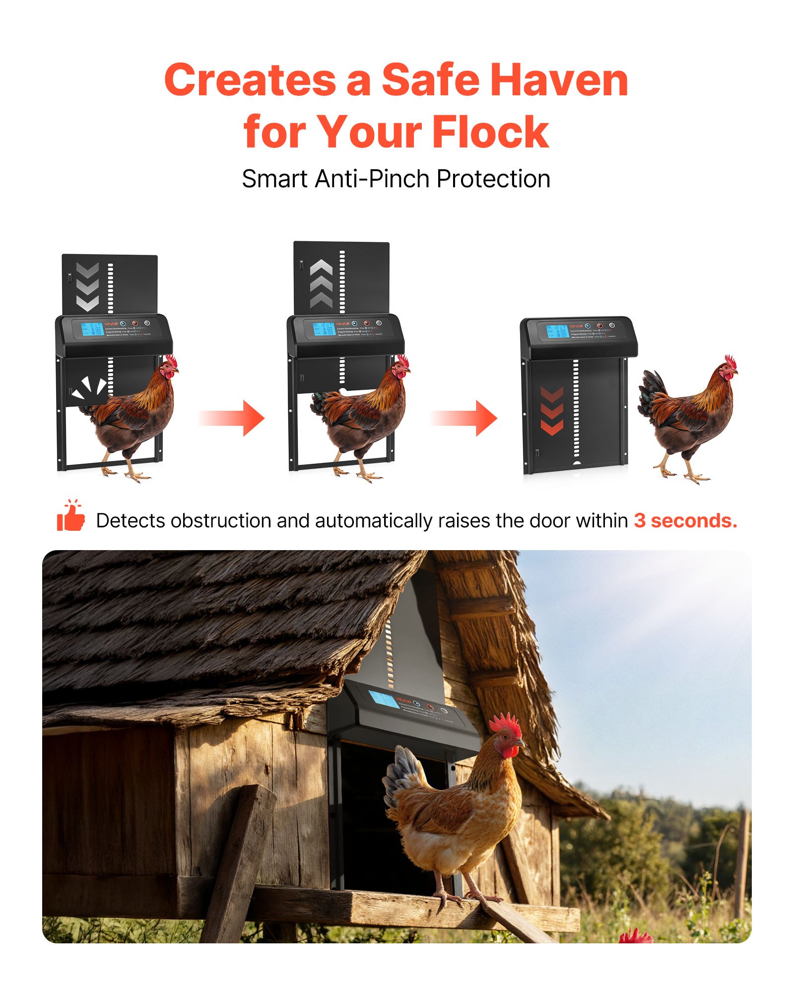 Puerta Automática de Gallinero con Batería, Modo Programado y Manual con Seguridad Anti-Pinchazo, Aliaga Durable en Aluminio, Opener de Corral para Pollos con Sellado Impermeable, Negro — imagen 3