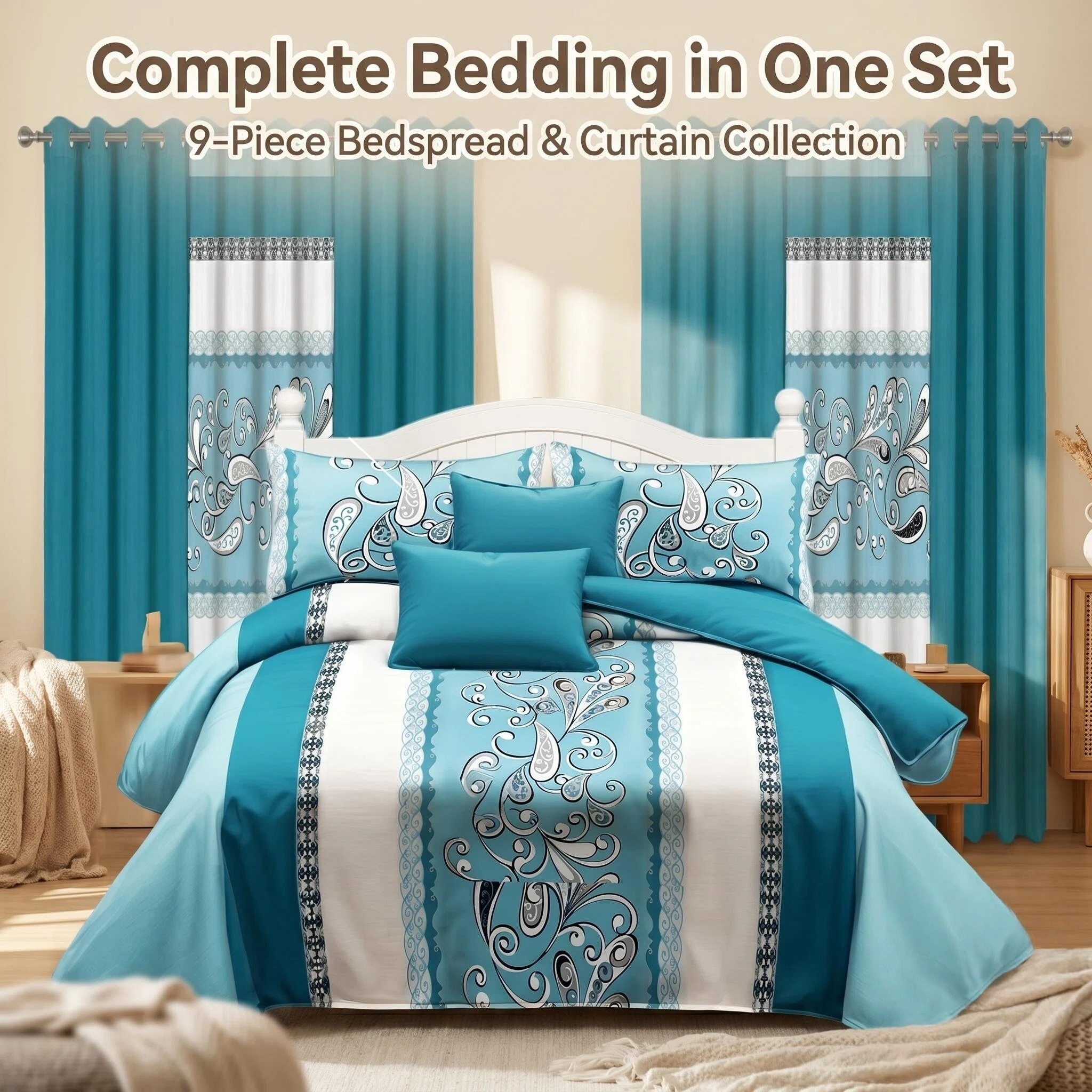 Juego de Edredón y Cortinas Room In A Bag de 9 Piezas, Colcha Gruesa con Estampado de Cachemira Turquesa Aguamarina de Diseñador de EE. UU. con 6 Paneles de Cortina Personalizables, Cubrecama de Alto GSM Apto para Mascotas — imagen 2