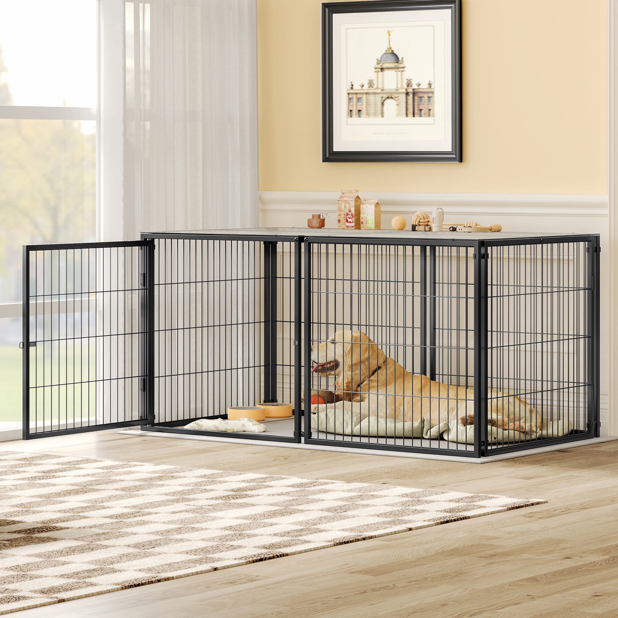 Large Dog Cage 63.7 Dog Kennel For Medium Dogs Puppy Dog Playpen With Top, Pet Cage, Indoor, Black.63.7W X 34.2D X 31.7H — imagen 5