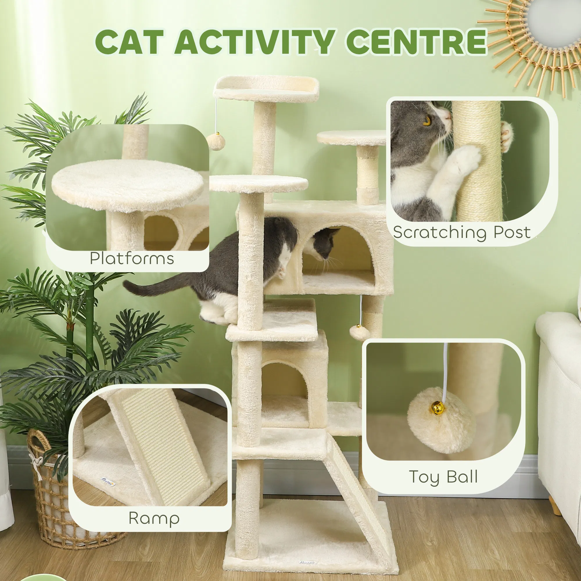 54" Cat Tree, Multi-Level Cat Tower with Scratching Posts, Cat Condos, Bed, Platforms, Ramp, Toy Ball, Beige — image 5