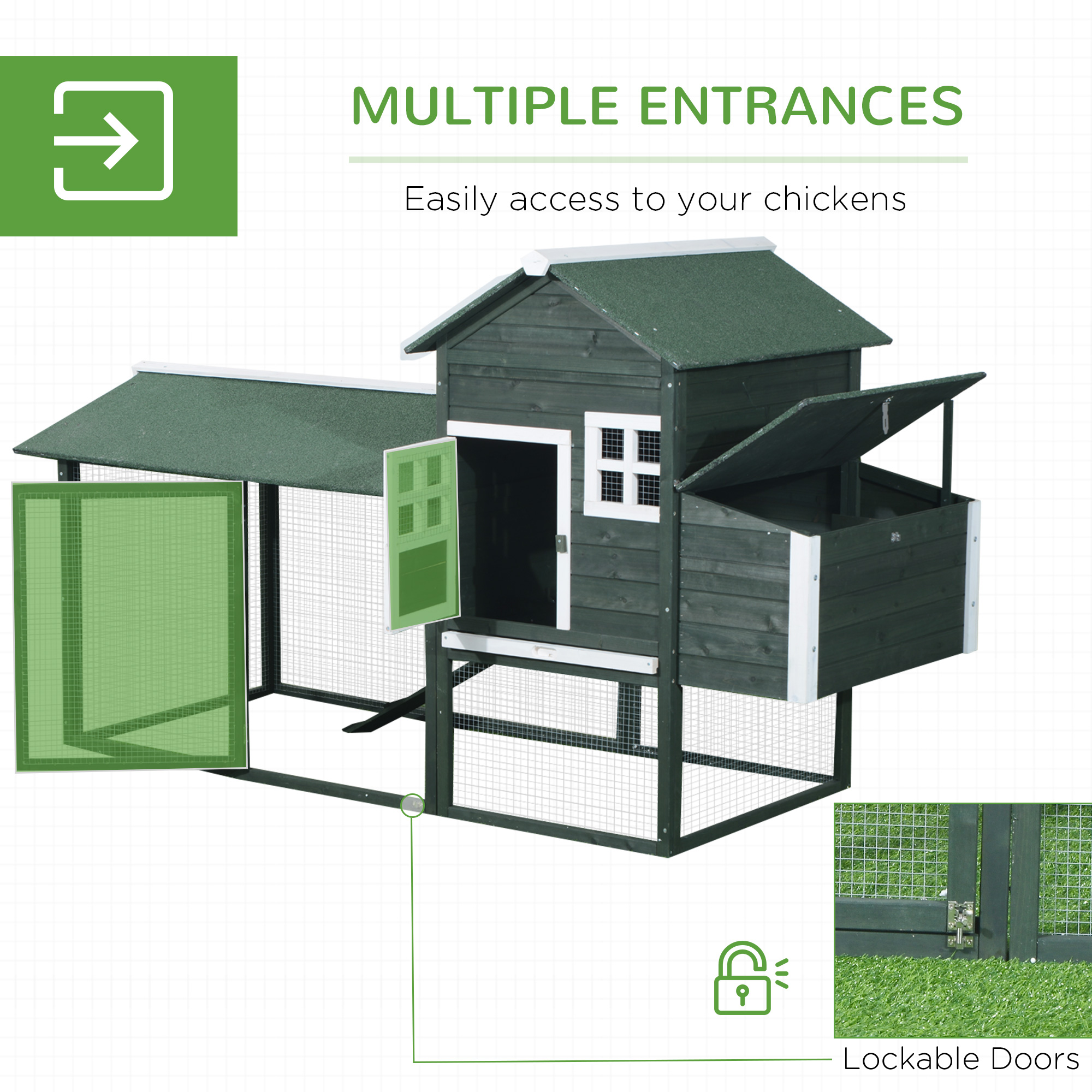 Gallinero de Madera de 84", Casa para Gallinas de Exterior con Corral y Nido, Techo de Asfalto, Bandeja Extraíble, Rampa, Jaula para Aves para 2-3 Gallinas, Verde — imagen 7