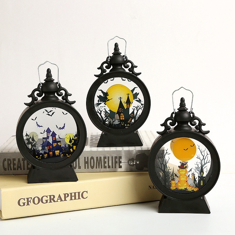 Halloween Decorative Wind Lantern Retro Round Portable Horse Lantern LED Electronic Candle Lamp Atmosphere Decoration — image 2