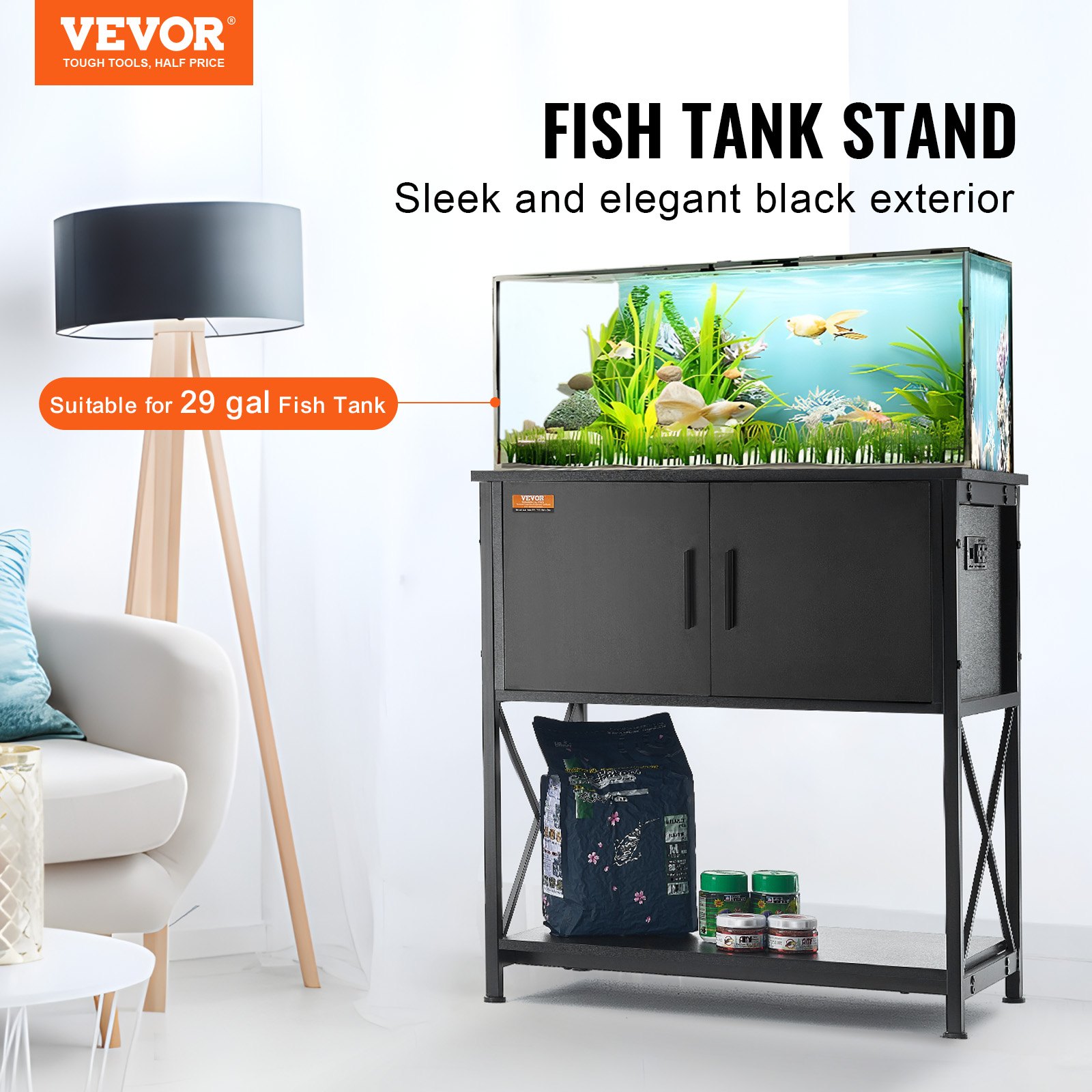 Mueble para Acuario, Soporte para Pecera de 29 Galones, 28.7 X 16.5 X 30 In, de Acero y MDF, para Tanque de Tortugas, Capacidad de Carga de 242.5 Lbs, Mueble para Terrario de Reptiles con Gabinete de Almacenamiento y Panel Eléctrico Integrado, Negro — imagen 5