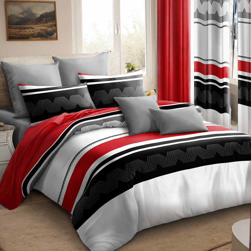 9 Piece Room In A Bag Quilt And Curtain Set, US Designer Red And Black Geometric Chevron Heavyweight Bedspread With 6 Customizable Window Panels, Pet-Friendly High GSM Coverlet — image 5