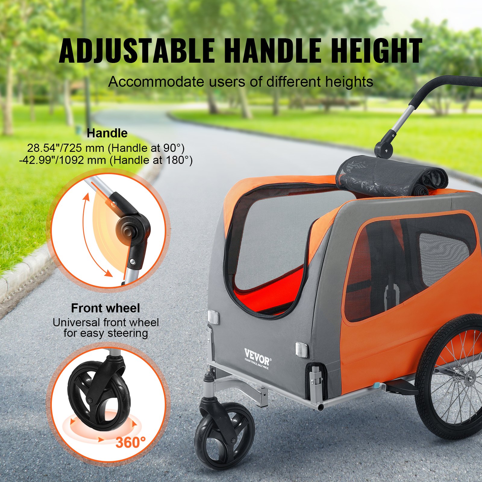 Dog Bike Trailer, Supports Up To 66 Lbs, 2-in-1 Pet Stroller Cart Bicycle Carrier, Easy Folding Cart Frame With Quick Release Wheels, Universal Bicycle Coupler, Reflectors, Flag, Orange/Gray — image 2