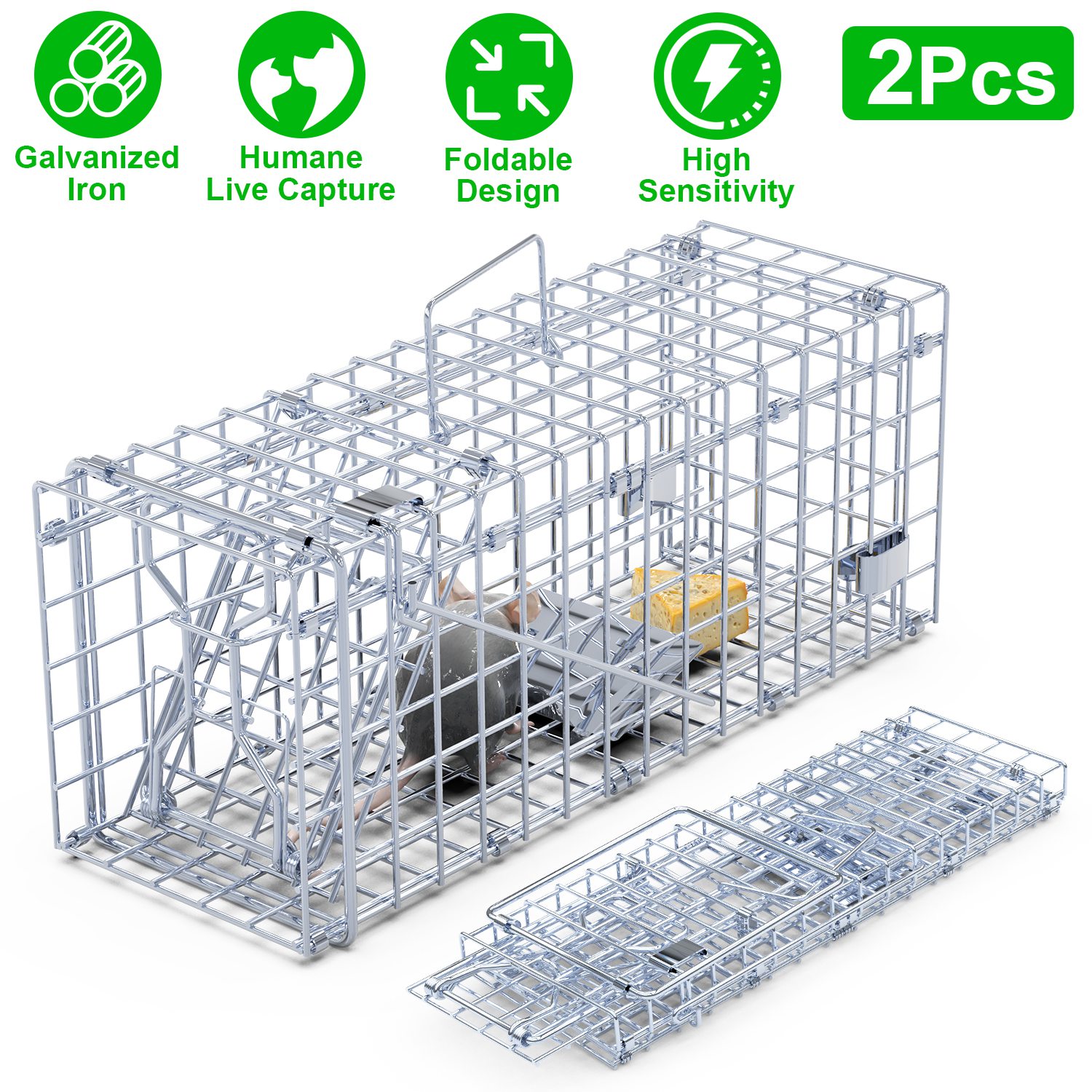 2Pcs Foldable Rat Trap Cage Humane Live Rodent Trap Cage Galvanized Iron Mice Mouse Control Bait Catch With Detachable L Shaped Rod For Kitchen Garden Warehouse — image 1