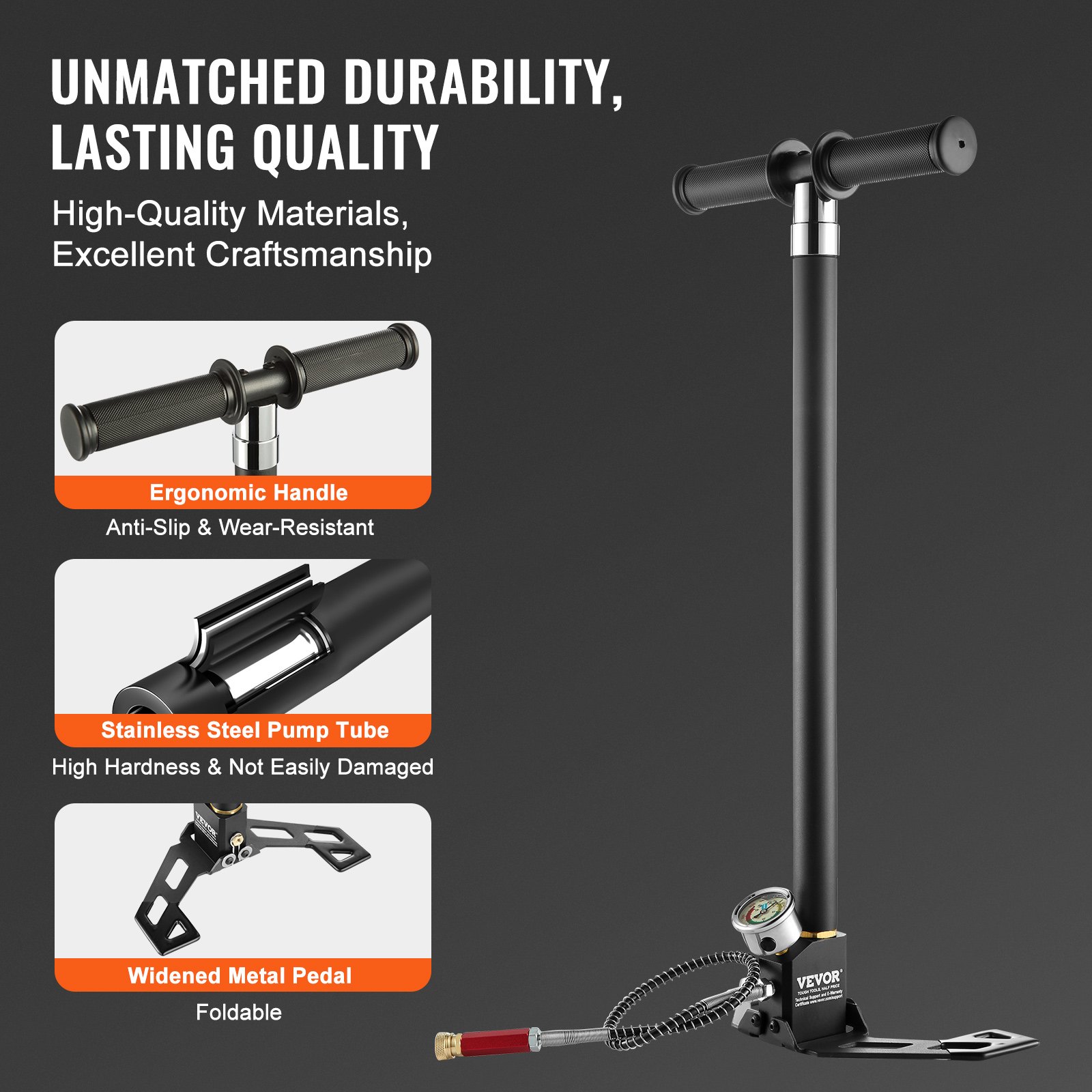 PCP Hand, 4 Stage, 30Mpa 4500 PSI High Pressure PCP Air Rifile Filling Stirrup Pump With Oil-Moisture Filter Pressure Gauge, Stainless Steel For Airguns Scuba Tank Paintball Filling Tire — imagen 6